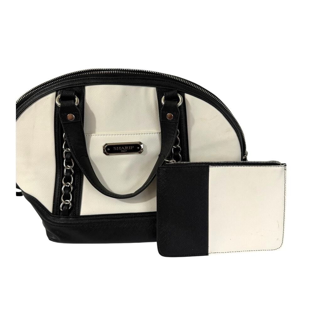 Sharif 1827 Duffel Bowling Purse White Black Structured Hand Held w/ Wallet Chic